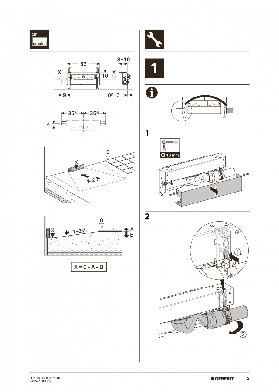 Pagina 3-Manual de instalare pentru element de instalare Geberit Kombifix pentru dus, cu scurgere in perete...