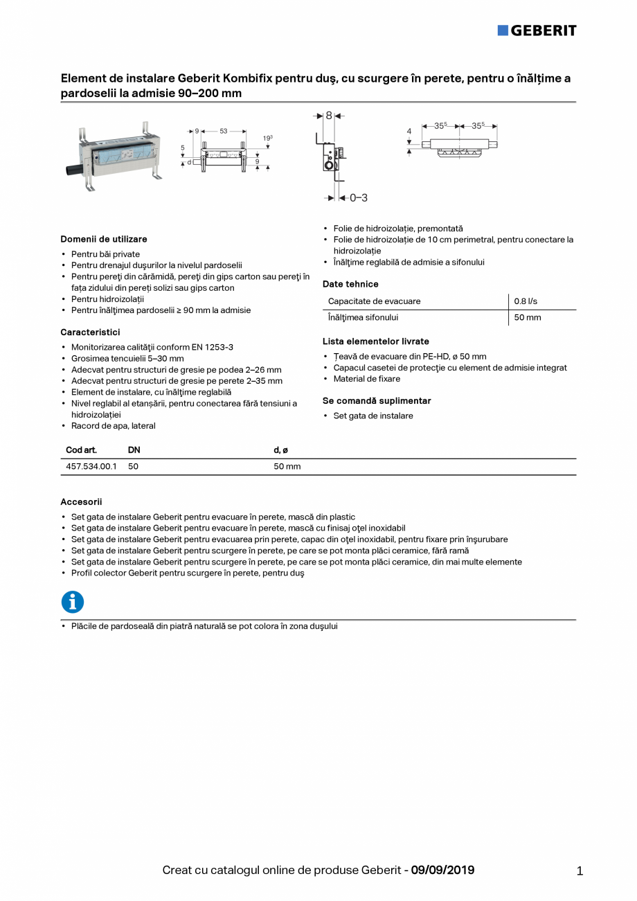 Pagina 1-Element de instalare Geberit Kombifix pentru dus, cu scurgere in perete, pentru o inaltime a...