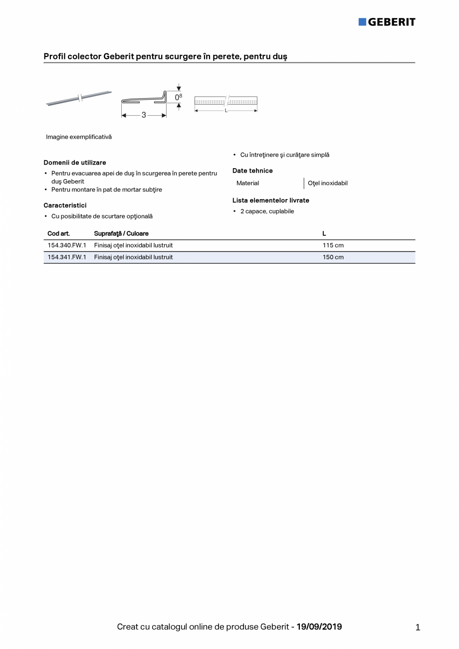 Pagina 1-Profil colector Geberit pt scurgere in perete, pentru dus GEBERIT Fisa tehnica Romana Profil...