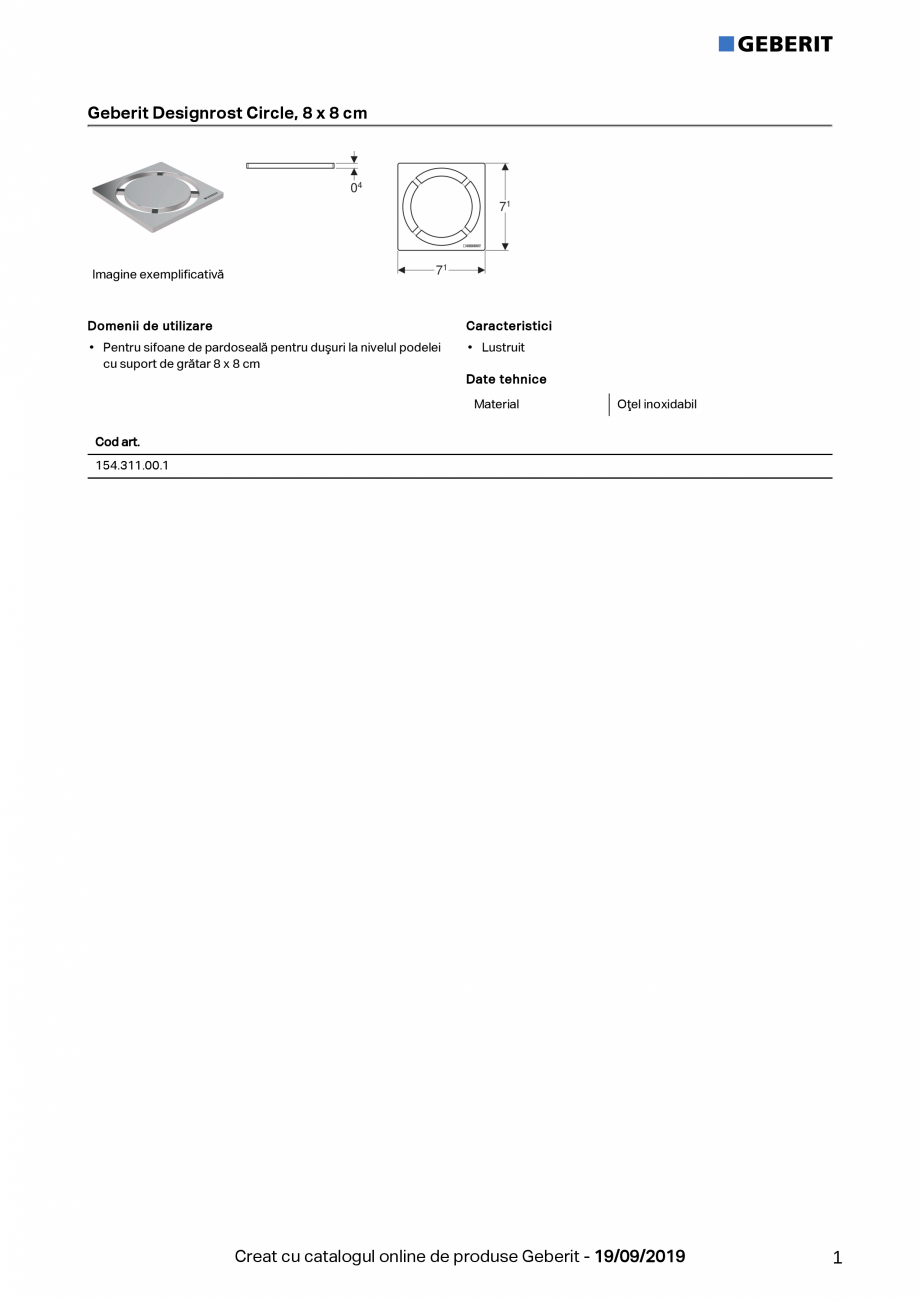 Pagina 1-Geberit Designrost Circle, 8 x 8 cm GEBERIT Sifon Fisa tehnica Romana Geberit Designrost Circle, 8 x...