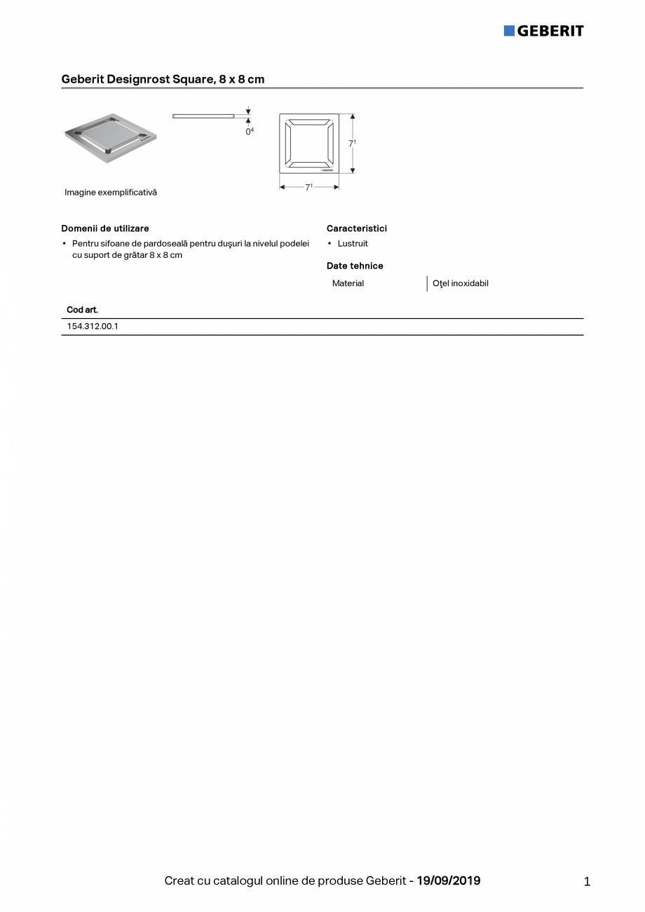 Pagina 1-Geberit Designrost Square, 8 x 8 cm GEBERIT Sifon Fisa tehnica Romana Geberit Designrost Square, 8 x...