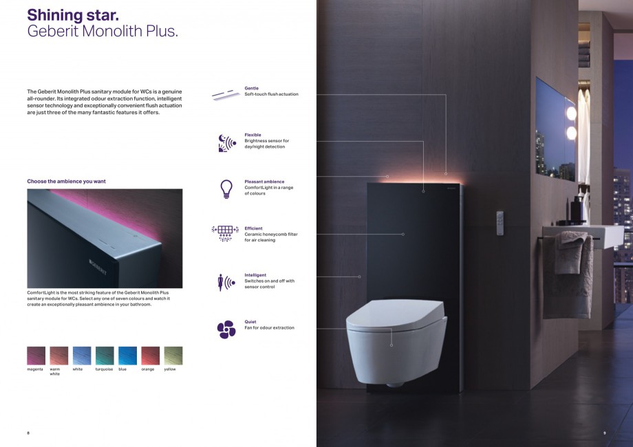 Pagina 5-Modul sanitar pentru WC Geberit GEBERIT Monolith Catalog, brosura Engleza 0 9

114 6

Colours

Here ...