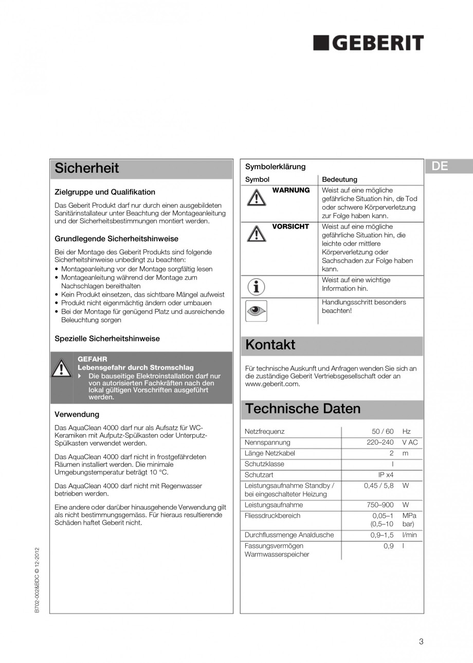 Pagina 3-Vas WC cu functie de bideu 4000 GEBERIT AquaClean Instructiuni montaj, utilizare Germana, Engleza,...
