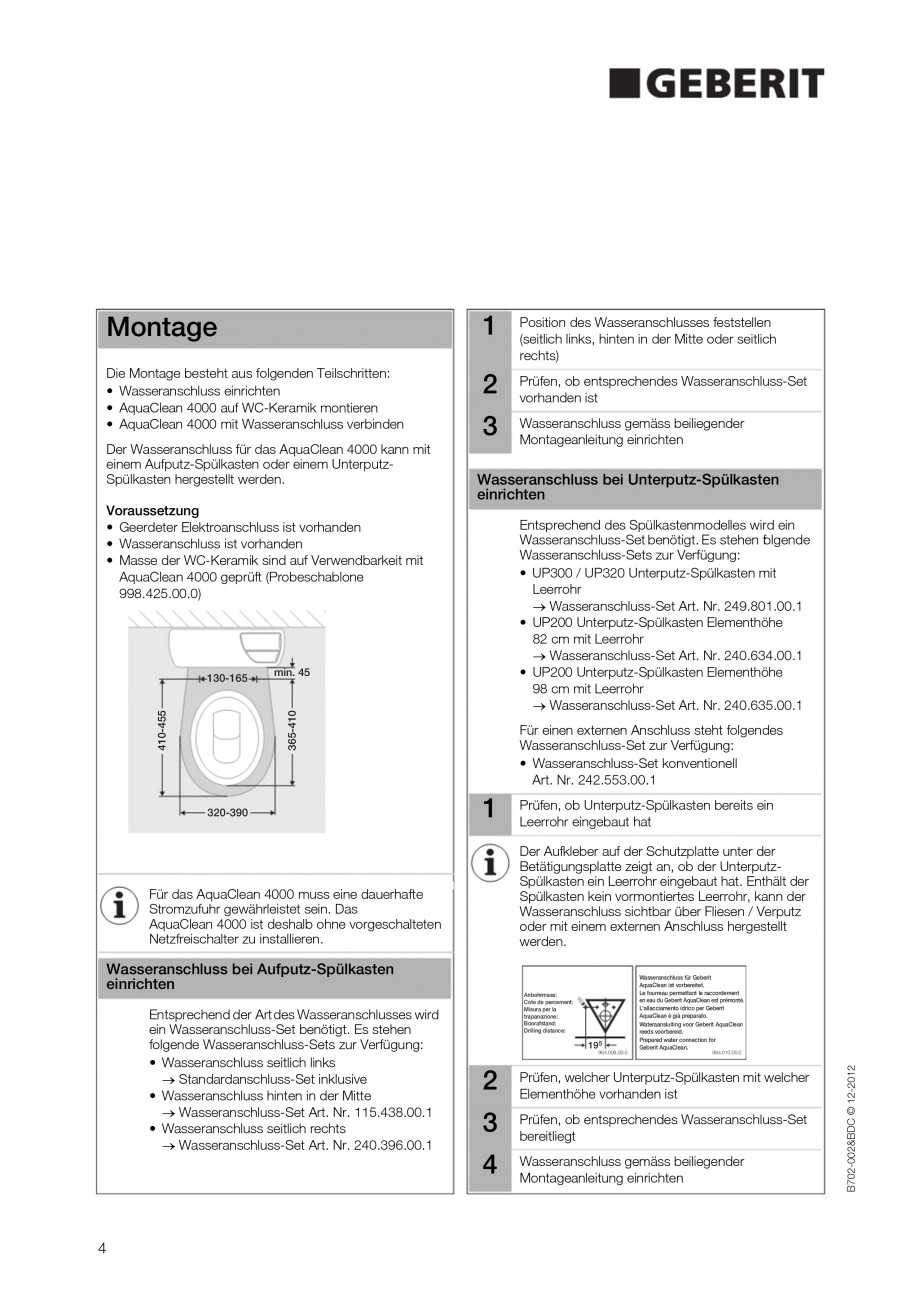 Pagina 4-Vas WC cu functie de bideu 4000 GEBERIT AquaClean Instructiuni montaj, utilizare Germana, Engleza,...