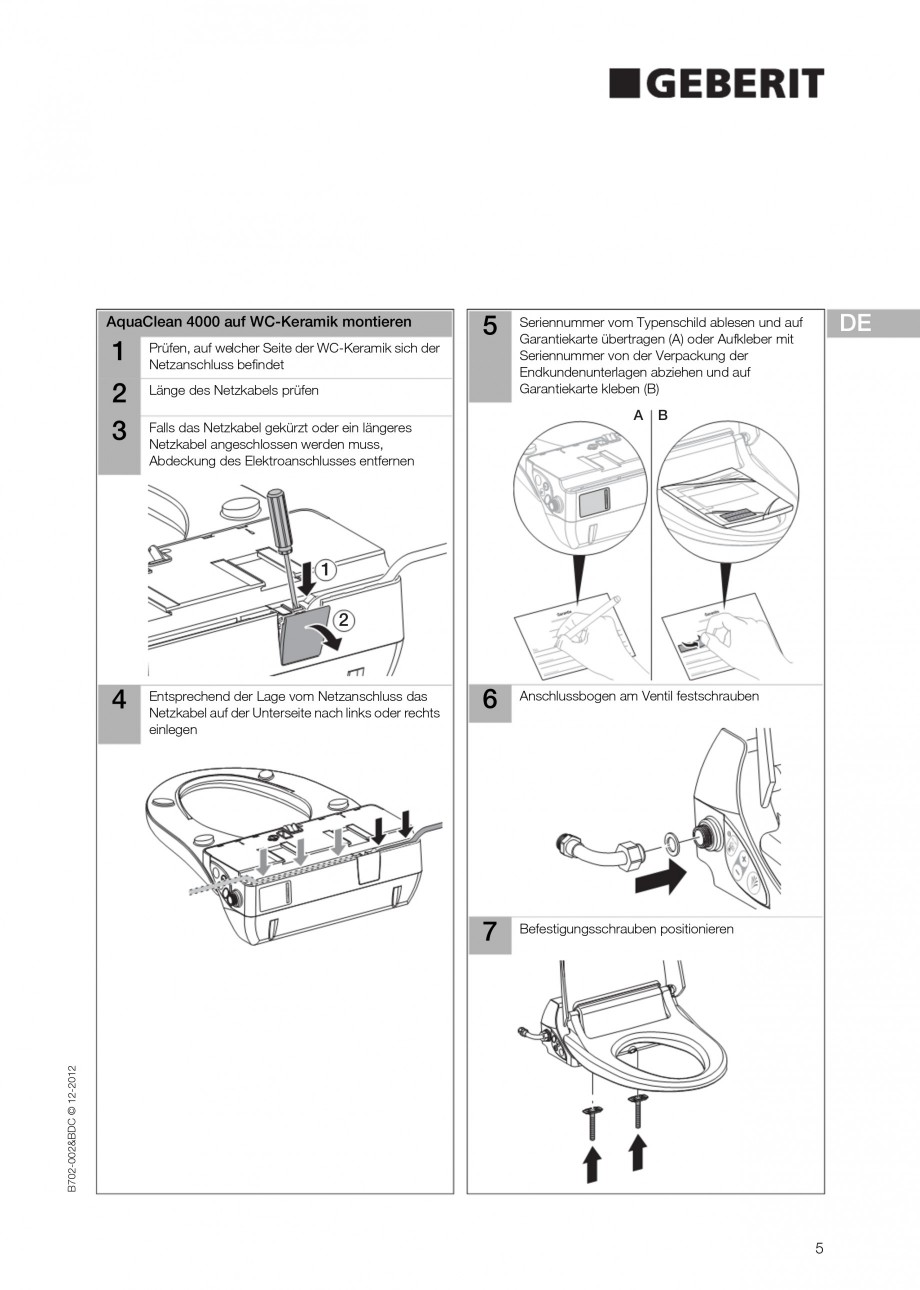 Pagina 5 - Vas WC cu functie de bideu 4000 GEBERIT AquaClean Instructiuni montaj, utilizare Germana,...