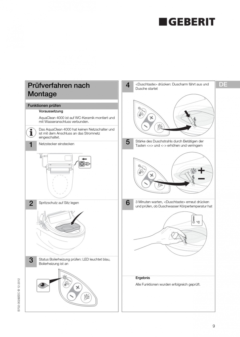 Pagina 9 - Vas WC cu functie de bideu 4000 GEBERIT AquaClean Instructiuni montaj, utilizare Germana,...