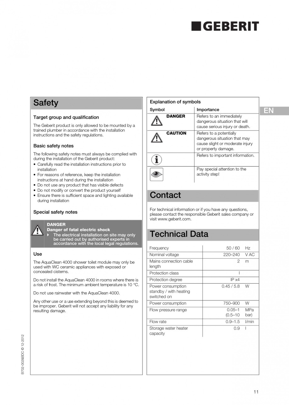 Pagina 11-Vas WC cu functie de bideu 4000 GEBERIT AquaClean Instructiuni montaj, utilizare Germana, Engleza,...