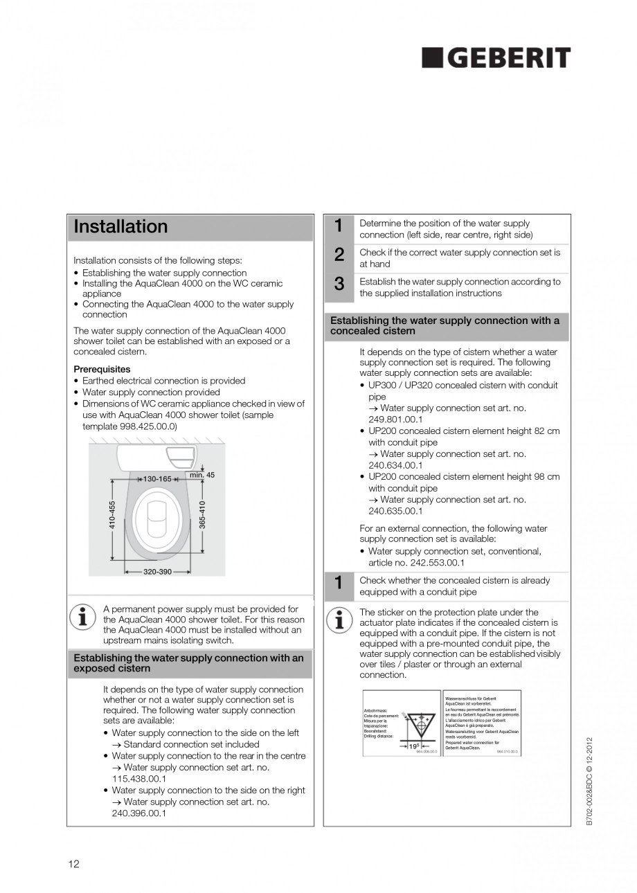 Pagina 12-Vas WC cu functie de bideu 4000 GEBERIT AquaClean Instructiuni montaj, utilizare Germana, Engleza,...