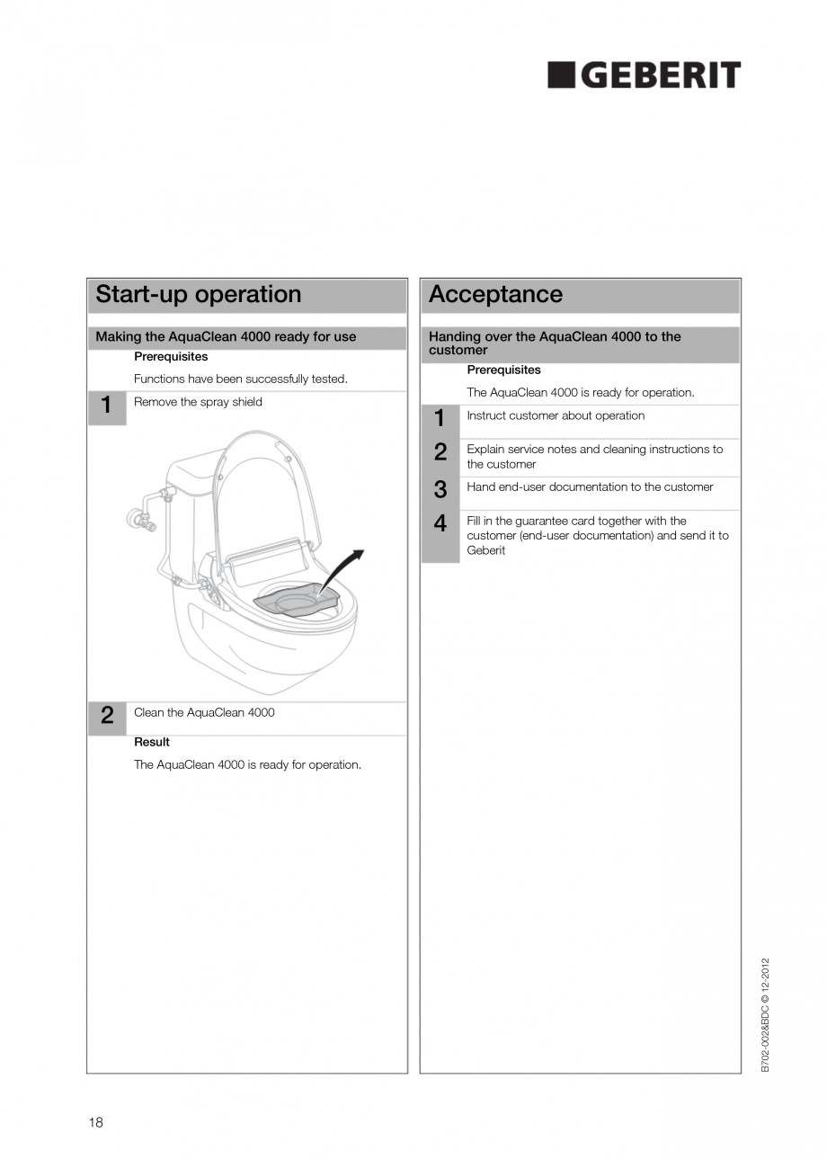 Pagina 18 - Vas WC cu functie de bideu 4000 GEBERIT AquaClean Instructiuni montaj, utilizare Germana...