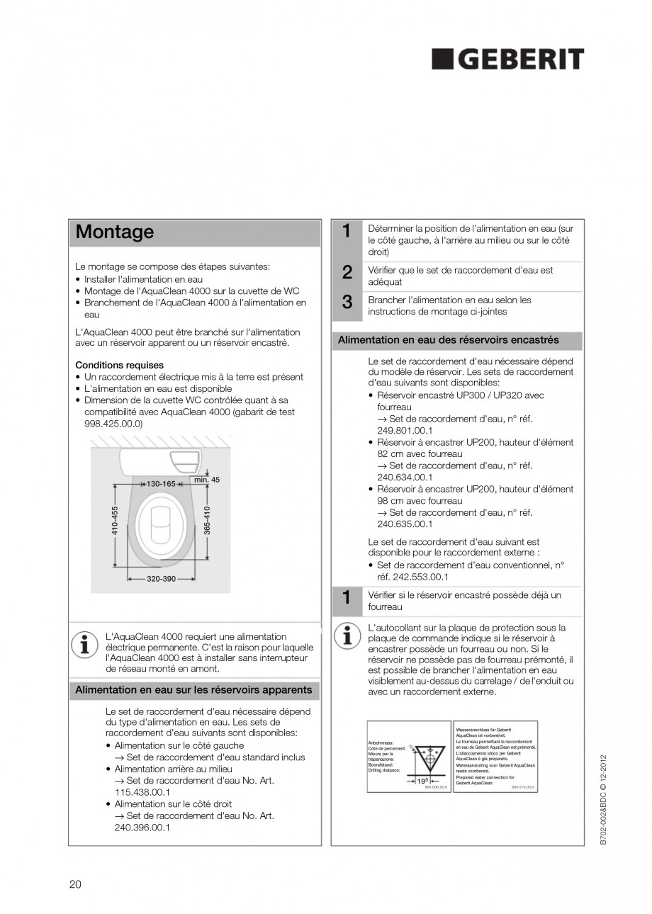 Pagina 20 - Vas WC cu functie de bideu 4000 GEBERIT AquaClean Instructiuni montaj, utilizare Germana...