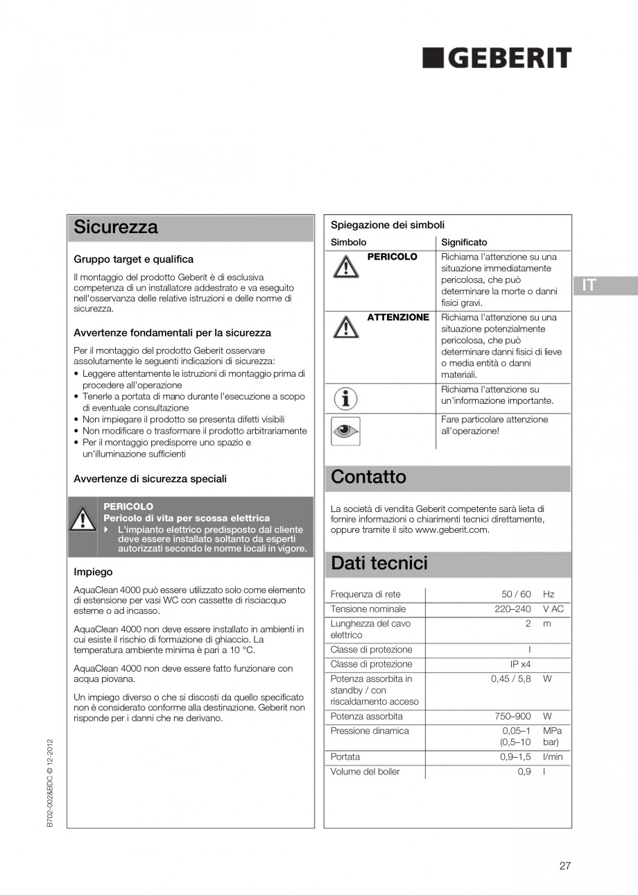 Pagina 27-Vas WC cu functie de bideu 4000 GEBERIT AquaClean Instructiuni montaj, utilizare Germana, Engleza,...