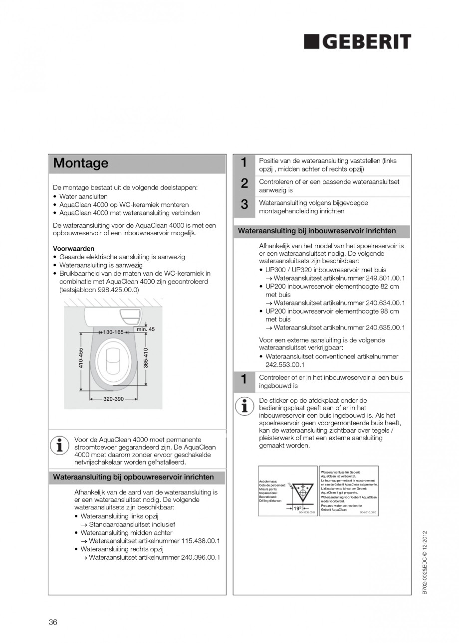 Pagina 36 - Vas WC cu functie de bideu 4000 GEBERIT AquaClean Instructiuni montaj, utilizare Germana...