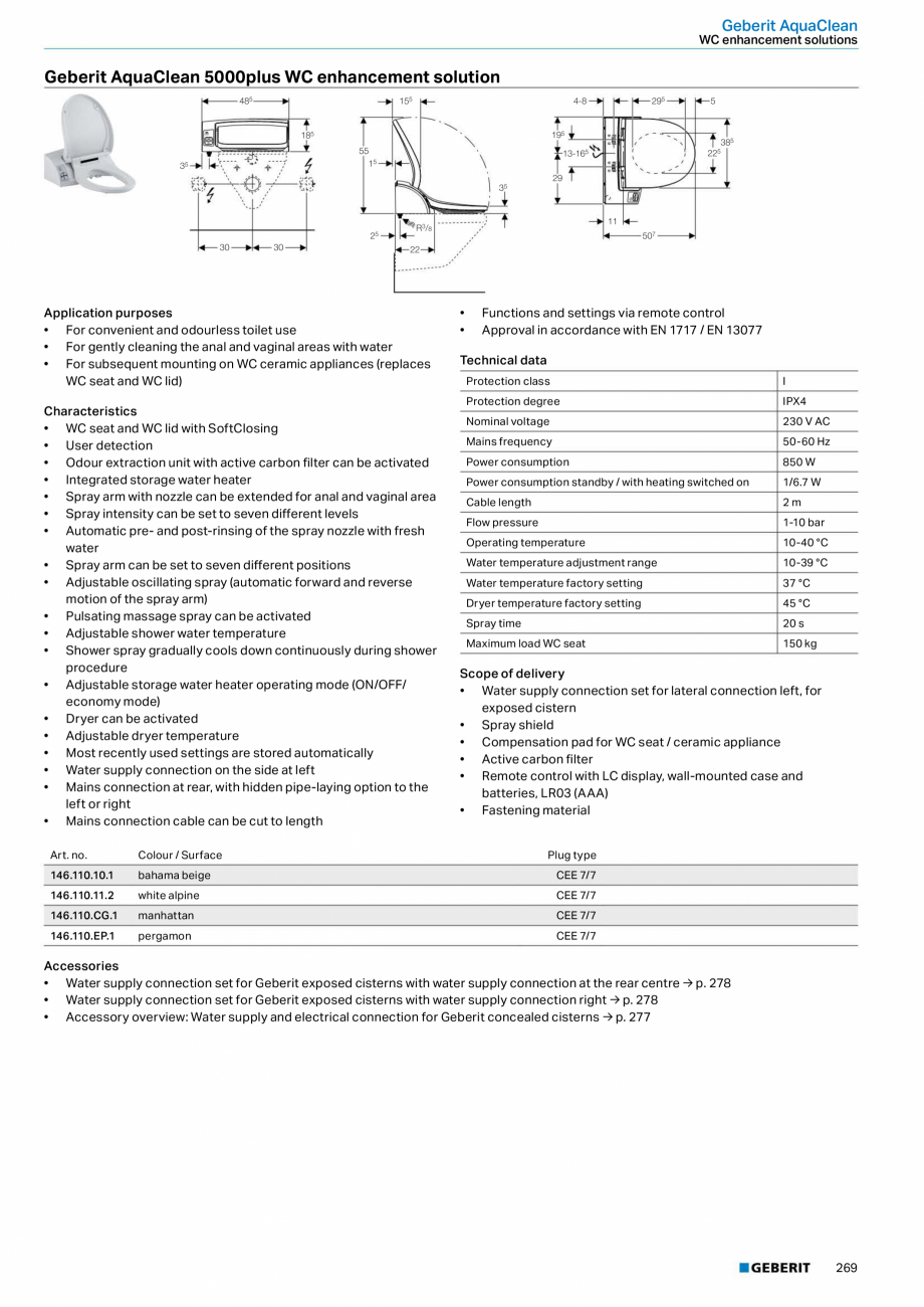 Pagina 5-Sistem WC GEBERIT AquaClean Fisa tehnica Engleza ite alpine

Technical data
Protection class

I
...