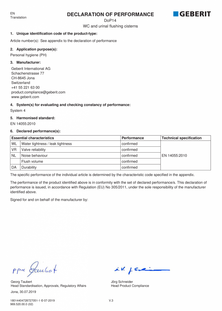 Pagina 2-Declaratie de performanta pentru rezervoare de spalare cu apa pentru WC-uri si pisoare GEBERIT...