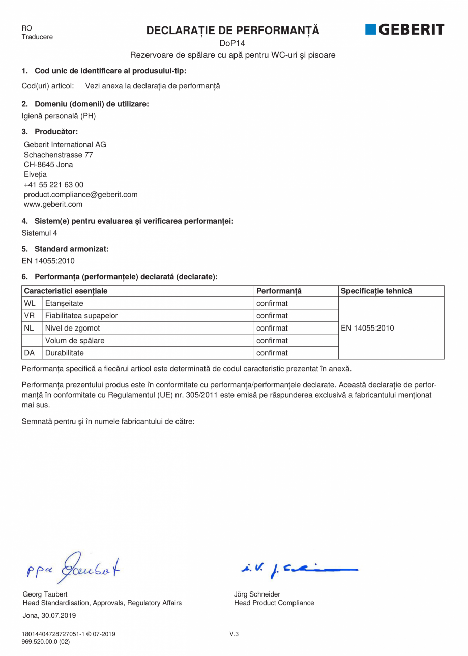 Pagina 19-Declaratie de performanta pentru rezervoare de spalare cu apa pentru WC-uri si pisoare GEBERIT...