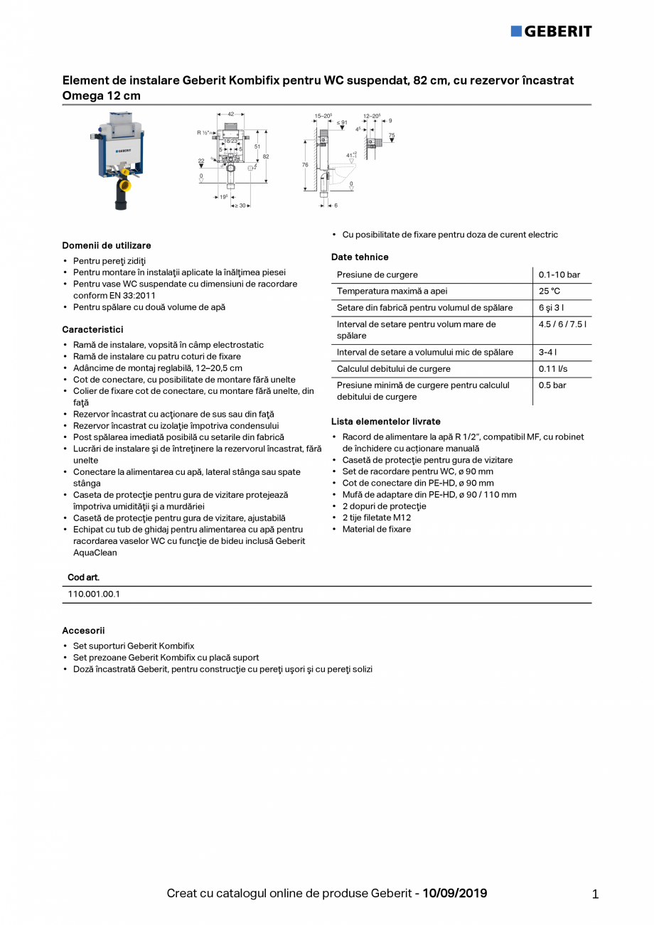 Pagina 1 - Element de instalare Geberit Kombifix pentru WC suspendat, 82 cm, cu rezervor incastrat...