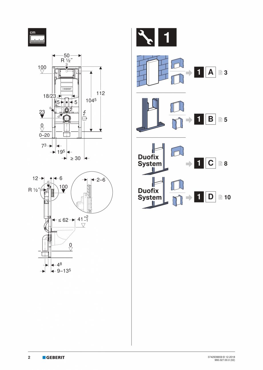 Pagina 2-Instructiuni de instalare pentru elementul Geberit Duofix pentru WC suspendat GEBERIT Instructiuni...