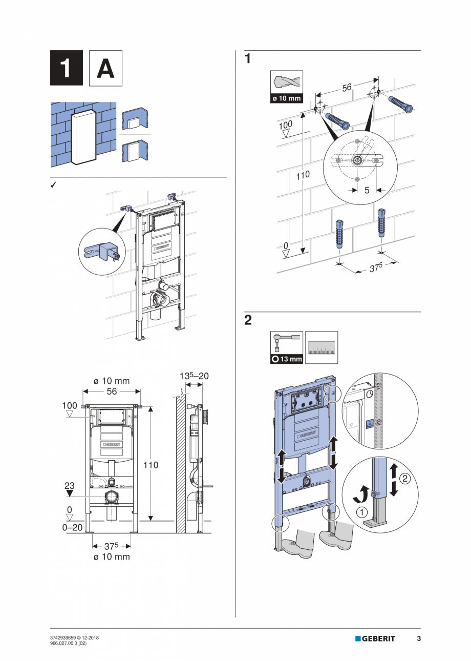 Pagina 3-Instructiuni de instalare pentru elementul Geberit Duofix pentru WC suspendat GEBERIT Instructiuni...