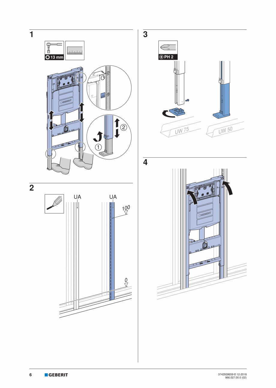 Pagina 6-Instructiuni de instalare pentru elementul Geberit Duofix pentru WC suspendat GEBERIT Instructiuni...