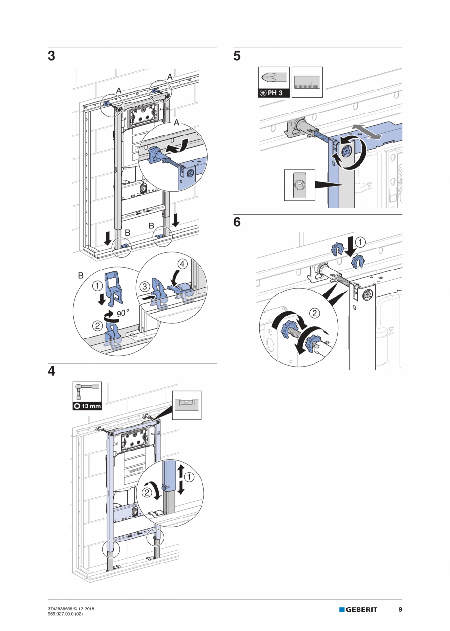Pagina 9-Instructiuni de instalare pentru elementul Geberit Duofix pentru WC suspendat GEBERIT Instructiuni...