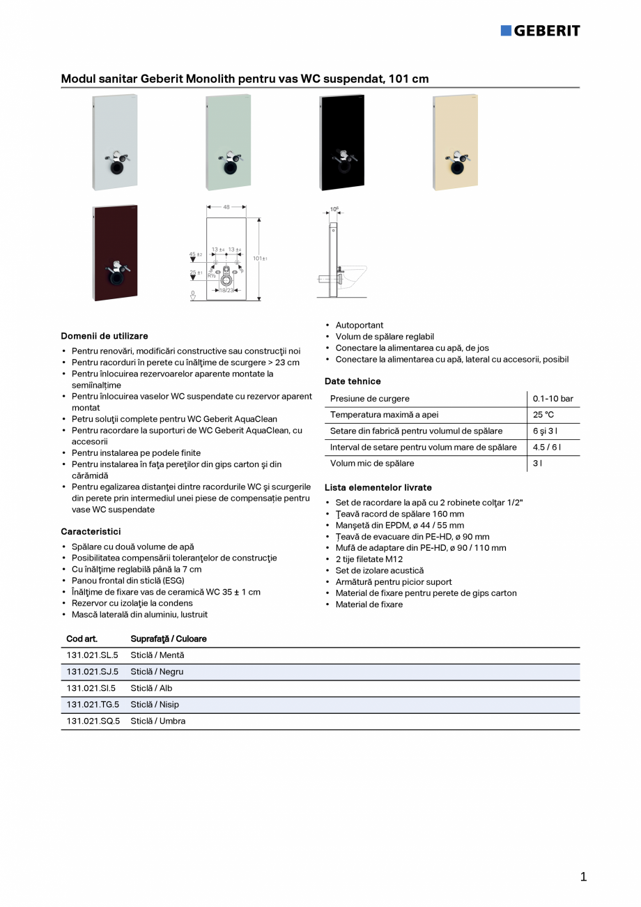 Pagina 1-Modul sanitar Geberit Monolith pentru vas WC suspendat, 101 cm GEBERIT Fisa tehnica Romana Modul...