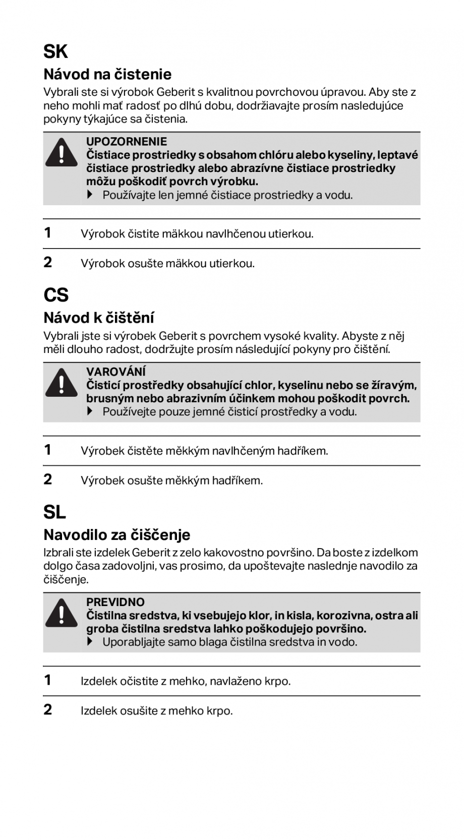 Pagina 6-Instructiuni pentru curatarea modulului sanitar GEBERIT Monolith Instructiuni montaj, utilizare...