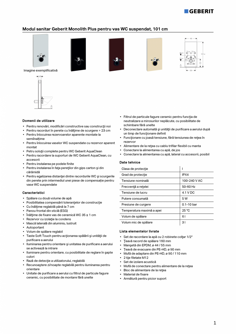 Pagina 1-Modul sanitar Geberit Monolith Plus pentru vas WC suspendat,101 cm GEBERIT Fisa tehnica Romana Modul...