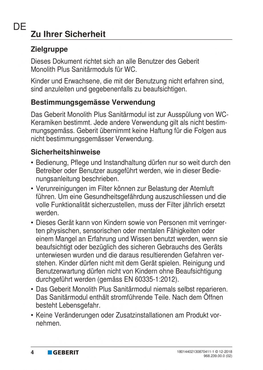 Pagina 4-Manualul utilizatorului pentru modulul sanitar Monolith Plus GEBERIT Instructiuni montaj, utilizare ...