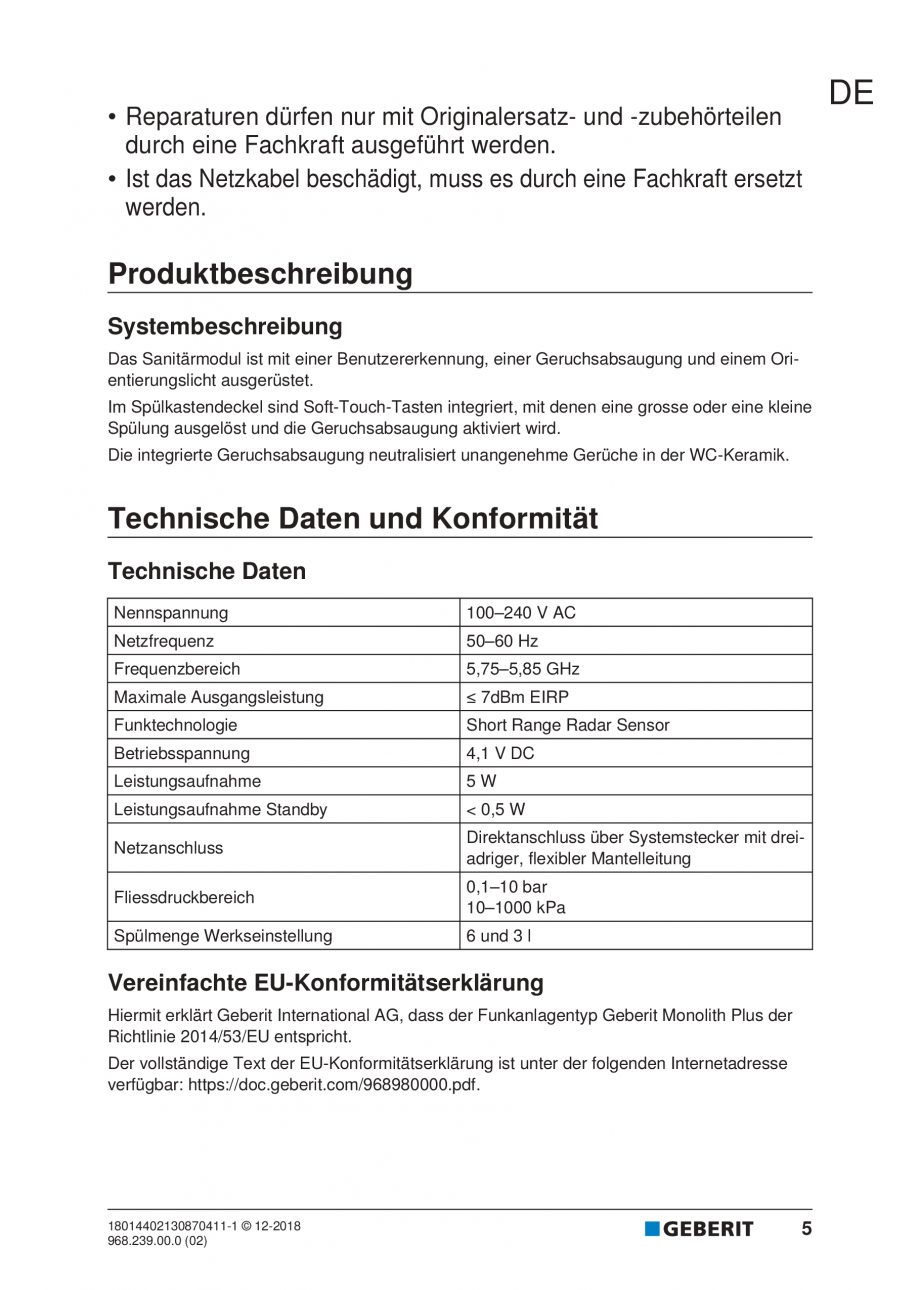 Pagina 5-Manualul utilizatorului pentru modulul sanitar Monolith Plus GEBERIT Instructiuni montaj, utilizare ...