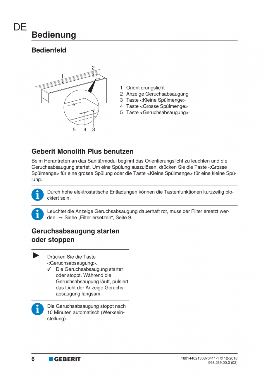 Pagina 6-Manualul utilizatorului pentru modulul sanitar Monolith Plus GEBERIT Instructiuni montaj, utilizare ...