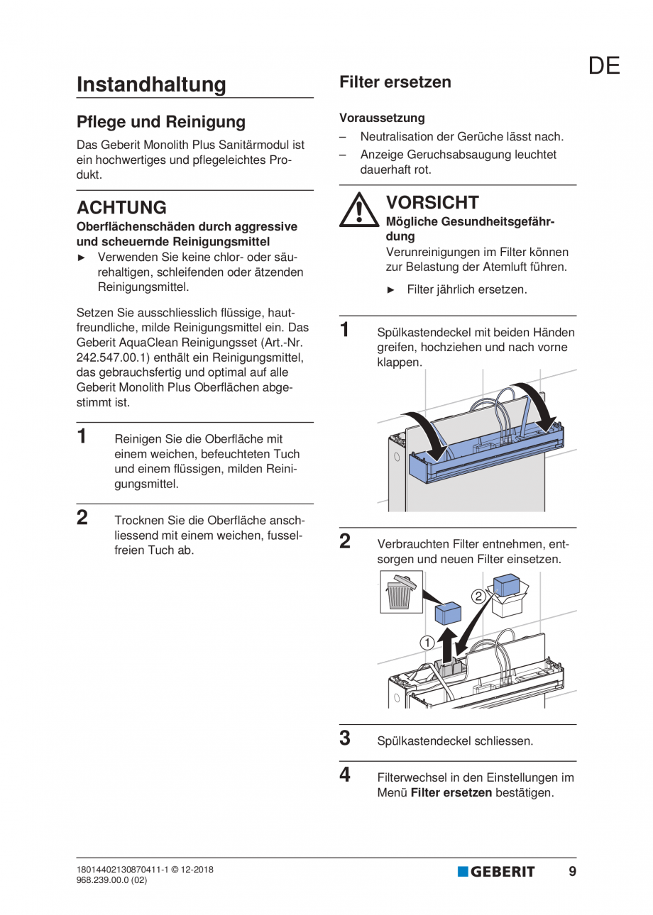 Pagina 9-Manualul utilizatorului pentru modulul sanitar Monolith Plus GEBERIT Instructiuni montaj, utilizare ...