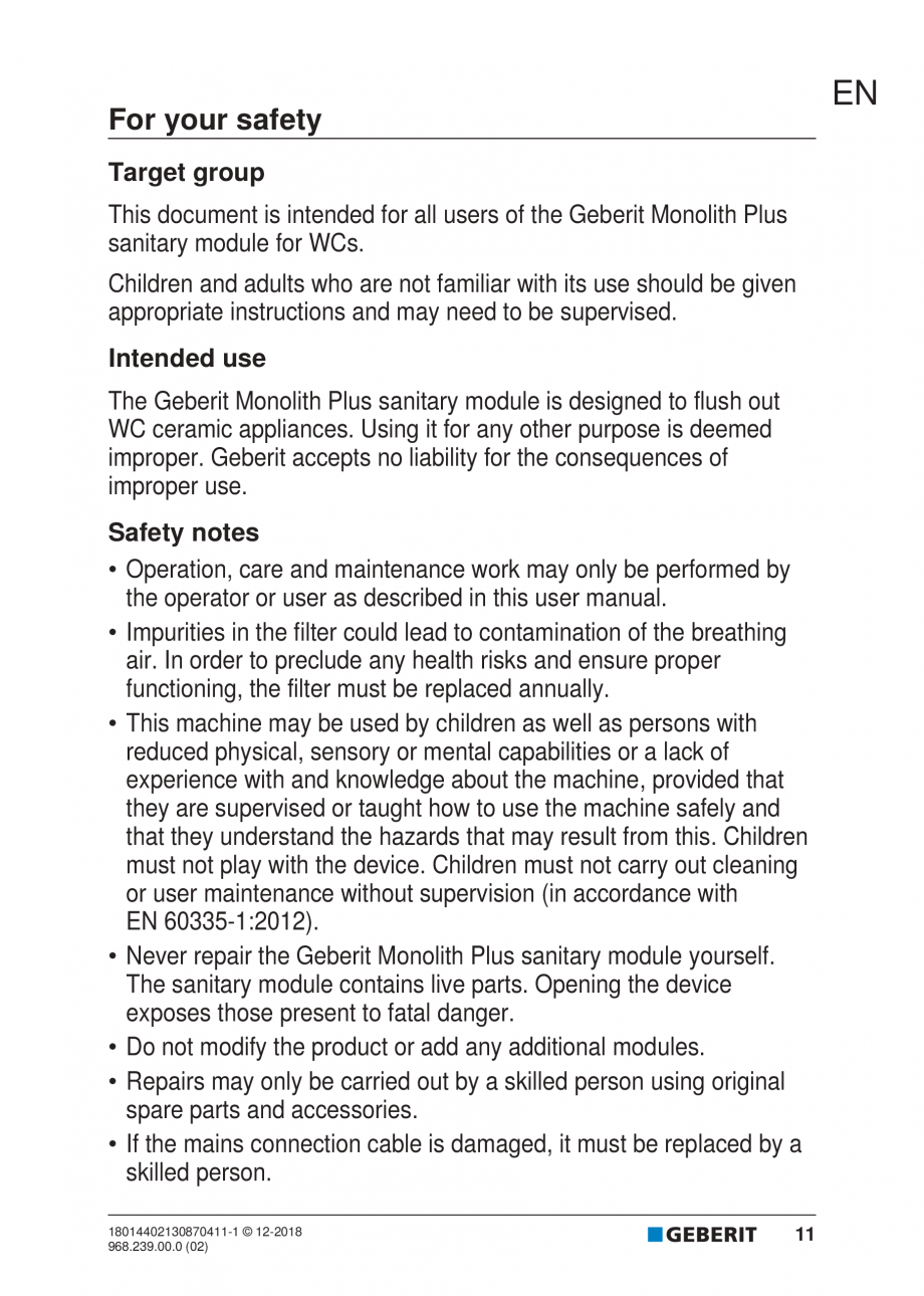 Pagina 11-Manualul utilizatorului pentru modulul sanitar Monolith Plus GEBERIT Instructiuni montaj, utilizare ...