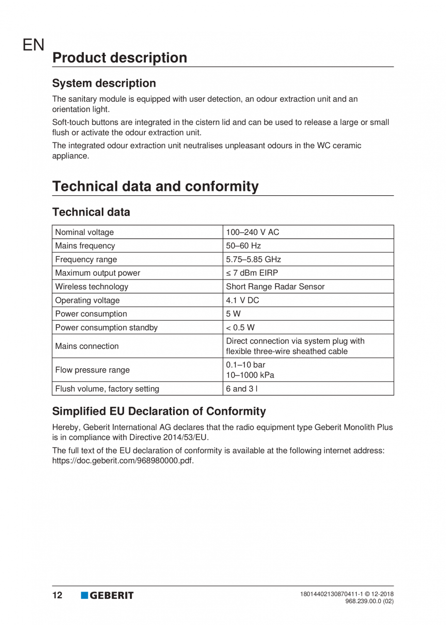 Pagina 12-Manualul utilizatorului pentru modulul sanitar Monolith Plus GEBERIT Instructiuni montaj, utilizare ...