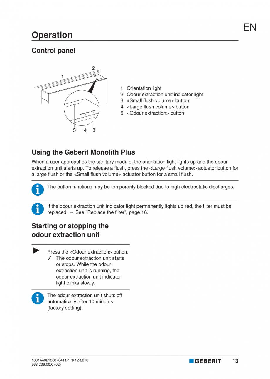 Pagina 13-Manualul utilizatorului pentru modulul sanitar Monolith Plus GEBERIT Instructiuni montaj, utilizare ...