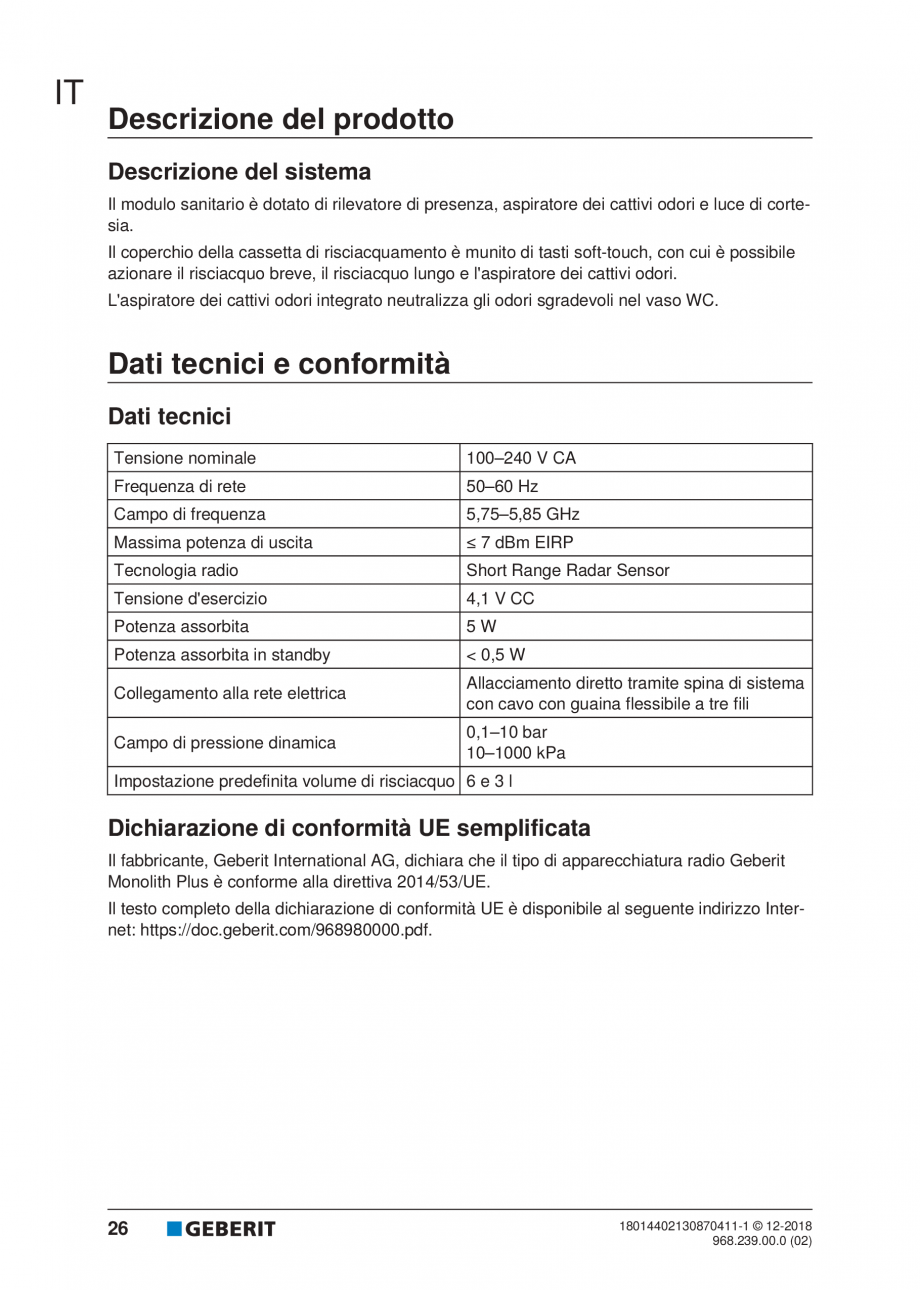 Pagina 22-Manualul utilizatorului pentru modulul sanitar Monolith Plus GEBERIT Instructiuni montaj, utilizare ...