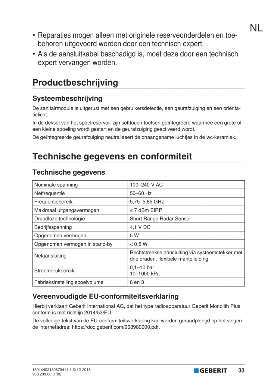 Pagina 29-Manualul utilizatorului pentru modulul sanitar Monolith Plus GEBERIT Instructiuni montaj, utilizare ...