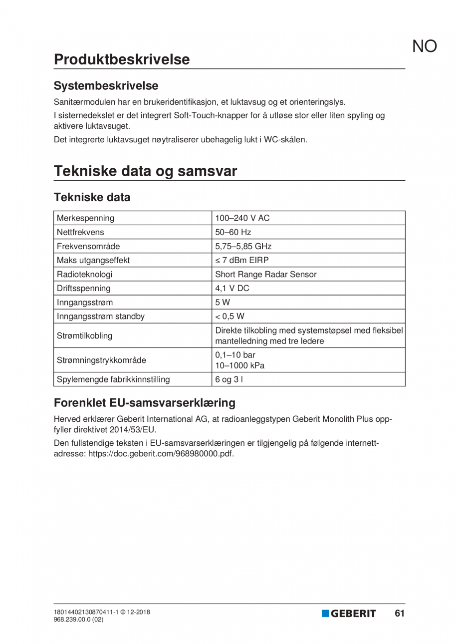 Pagina 57-Manualul utilizatorului pentru modulul sanitar Monolith Plus GEBERIT Instructiuni montaj, utilizare ...