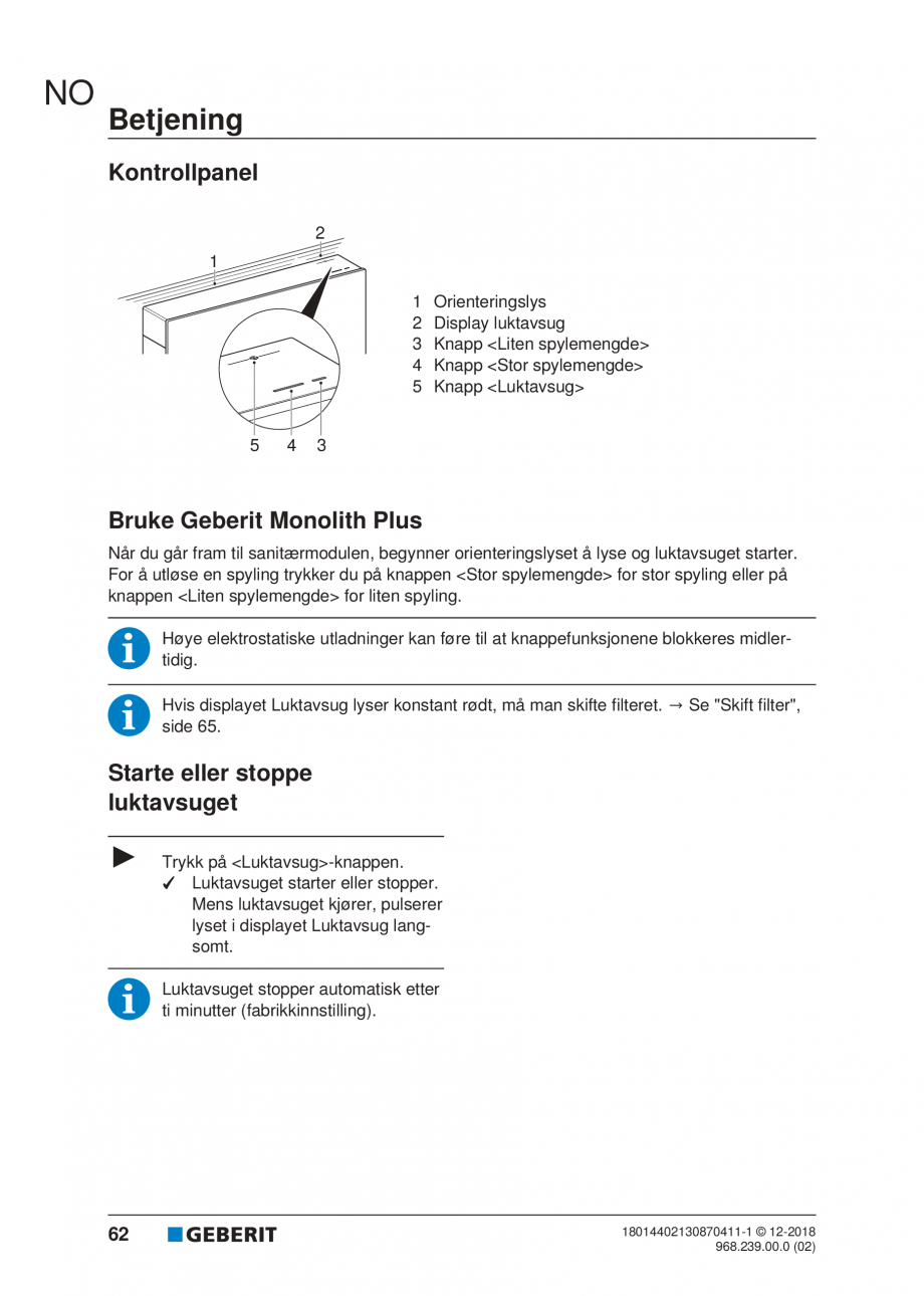 Pagina 58-Manualul utilizatorului pentru modulul sanitar Monolith Plus GEBERIT Instructiuni montaj, utilizare ...