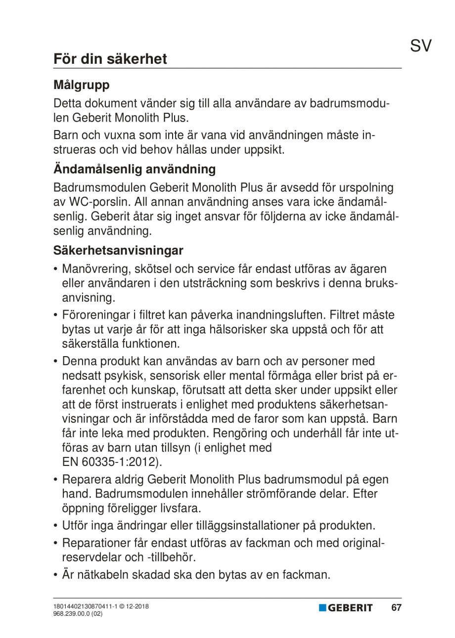 Pagina 63-Manualul utilizatorului pentru modulul sanitar Monolith Plus GEBERIT Instructiuni montaj, utilizare ...