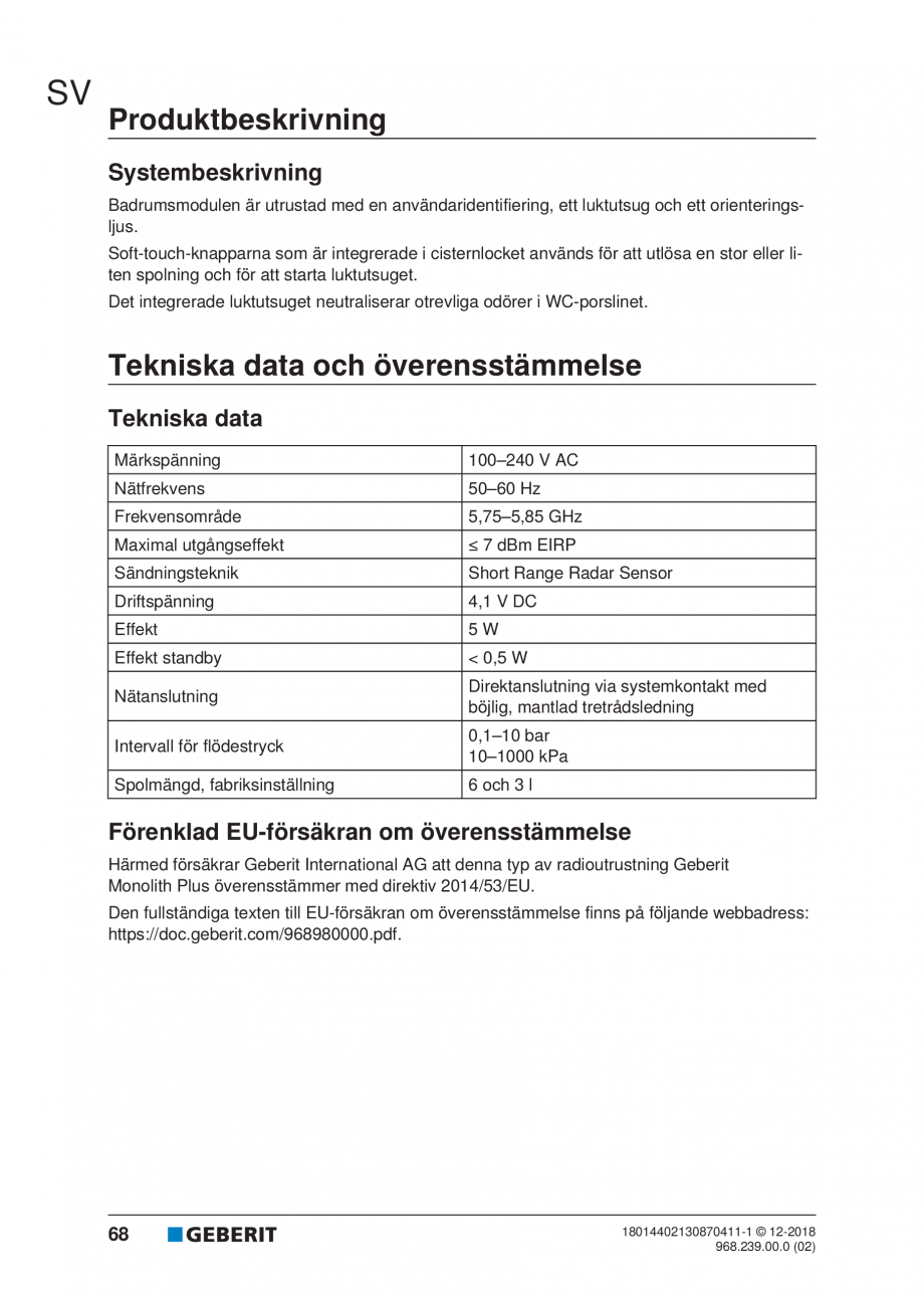 Pagina 64-Manualul utilizatorului pentru modulul sanitar Monolith Plus GEBERIT Instructiuni montaj, utilizare ...