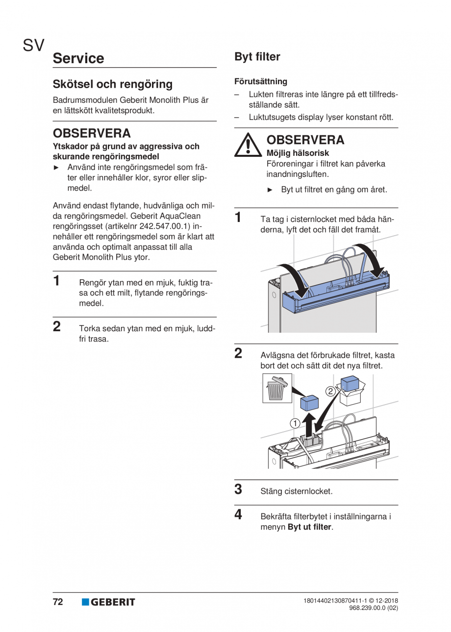 Pagina 68-Manualul utilizatorului pentru modulul sanitar Monolith Plus GEBERIT Instructiuni montaj, utilizare ...