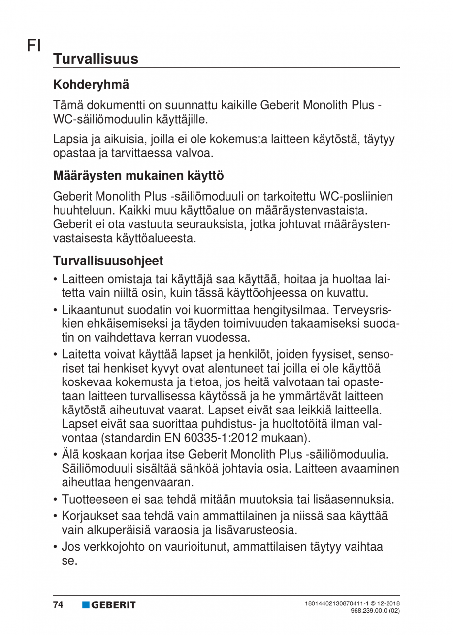 Pagina 70-Manualul utilizatorului pentru modulul sanitar Monolith Plus GEBERIT Instructiuni montaj, utilizare ...