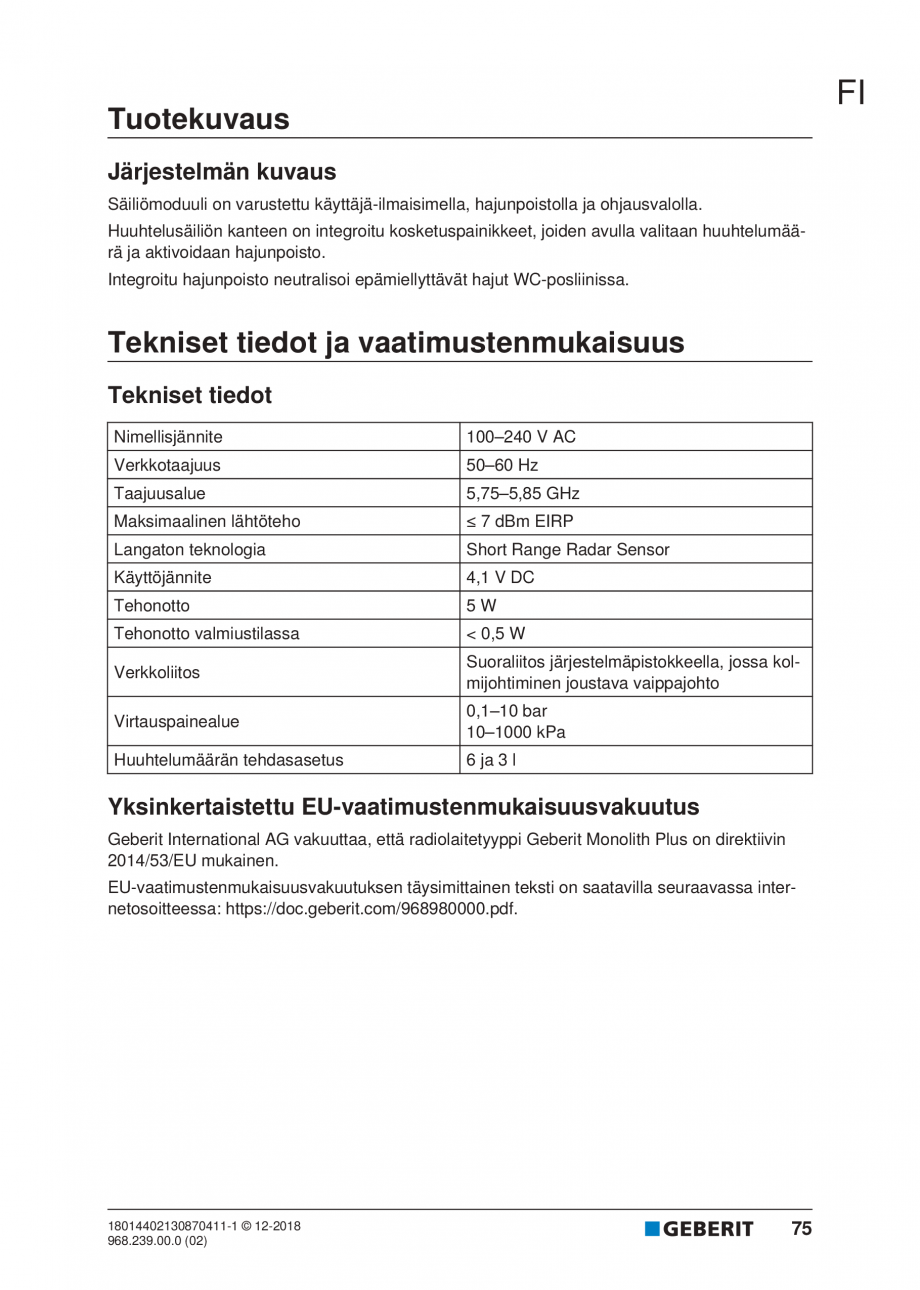 Pagina 71-Manualul utilizatorului pentru modulul sanitar Monolith Plus GEBERIT Instructiuni montaj, utilizare ...