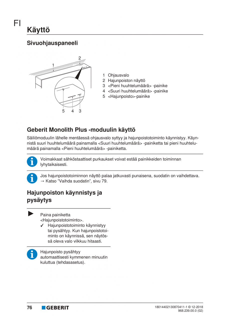 Pagina 72-Manualul utilizatorului pentru modulul sanitar Monolith Plus GEBERIT Instructiuni montaj, utilizare ...