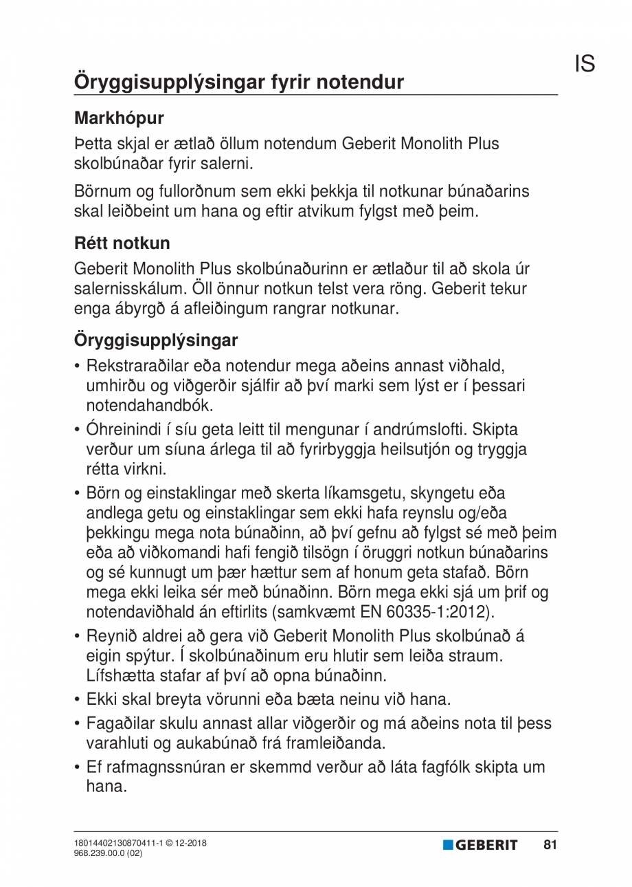 Pagina 77-Manualul utilizatorului pentru modulul sanitar Monolith Plus GEBERIT Instructiuni montaj, utilizare ...