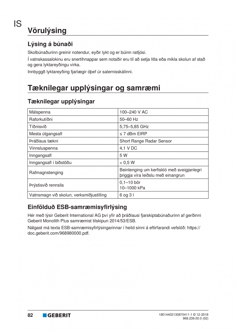 Pagina 78-Manualul utilizatorului pentru modulul sanitar Monolith Plus GEBERIT Instructiuni montaj, utilizare ...