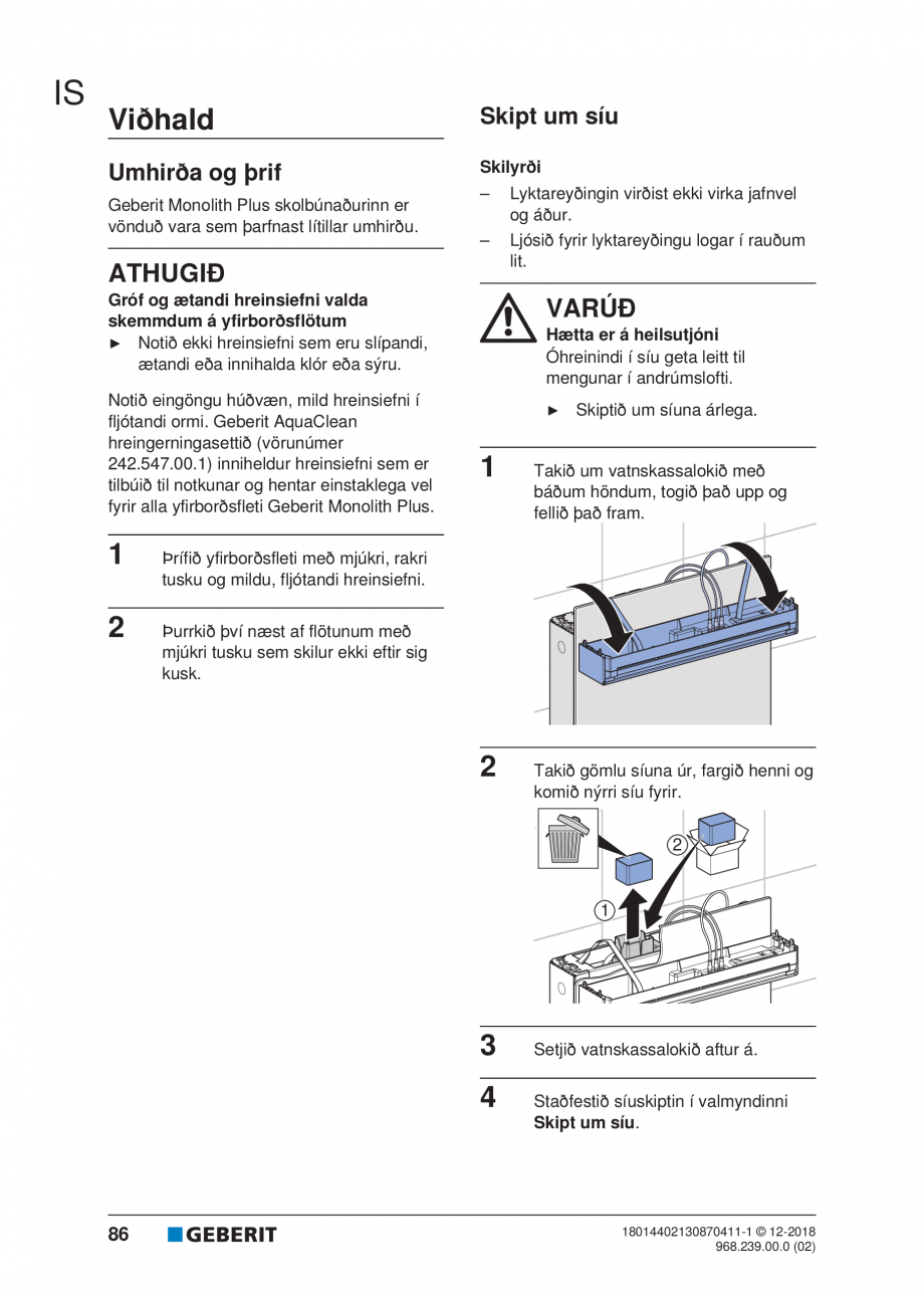Pagina 82-Manualul utilizatorului pentru modulul sanitar Monolith Plus GEBERIT Instructiuni montaj, utilizare ...