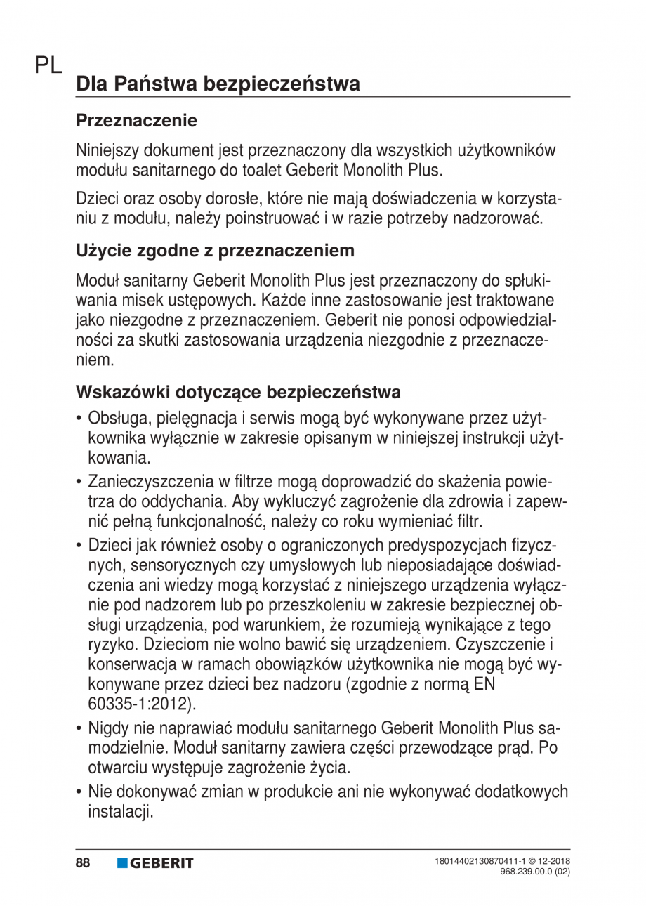 Pagina 84-Manualul utilizatorului pentru modulul sanitar Monolith Plus GEBERIT Instructiuni montaj, utilizare ...