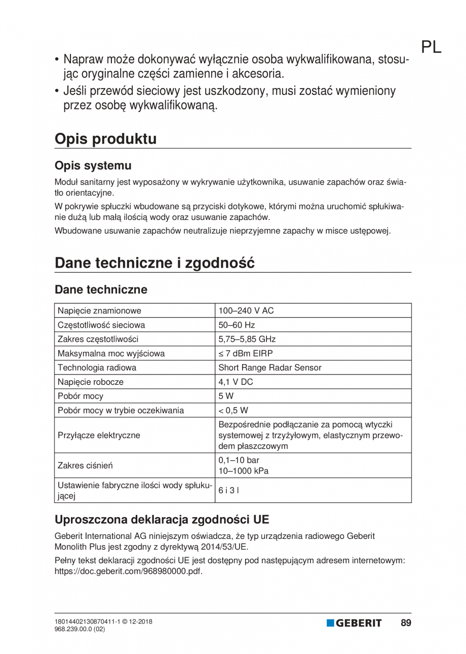 Pagina 85-Manualul utilizatorului pentru modulul sanitar Monolith Plus GEBERIT Instructiuni montaj, utilizare ...