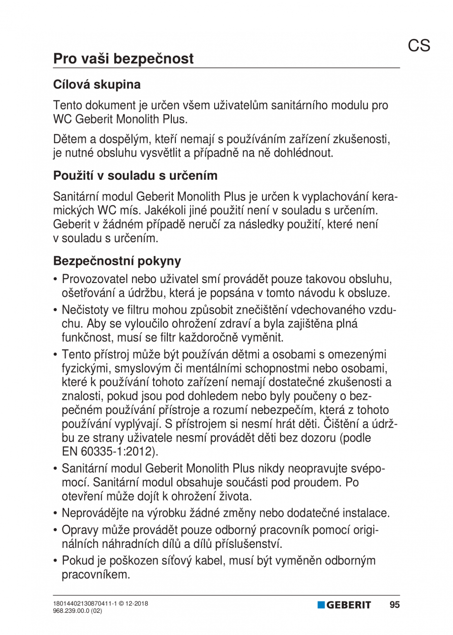 Pagina 91-Manualul utilizatorului pentru modulul sanitar Monolith Plus GEBERIT Instructiuni montaj, utilizare ...